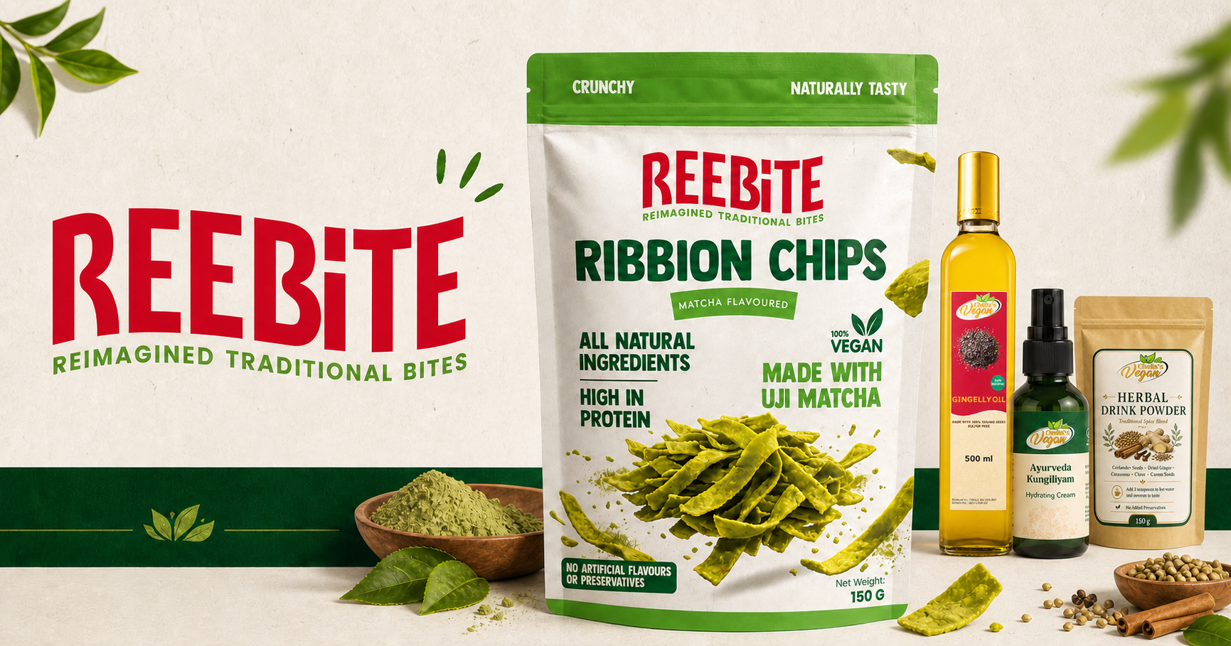 REEBITE Matcha Ribbon Chips with Chella's Vegan sesame oil, Kungiliyam cream and Herbal Drink Powder